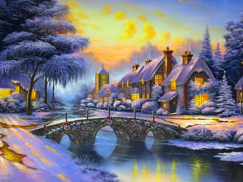 Snowy Village at Dusk — Purple