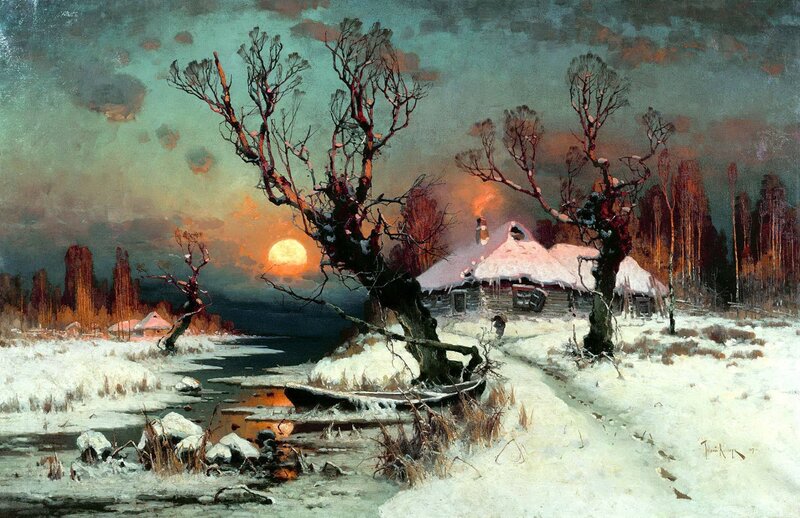 Snowy Village at Dusk — White, Dramatic