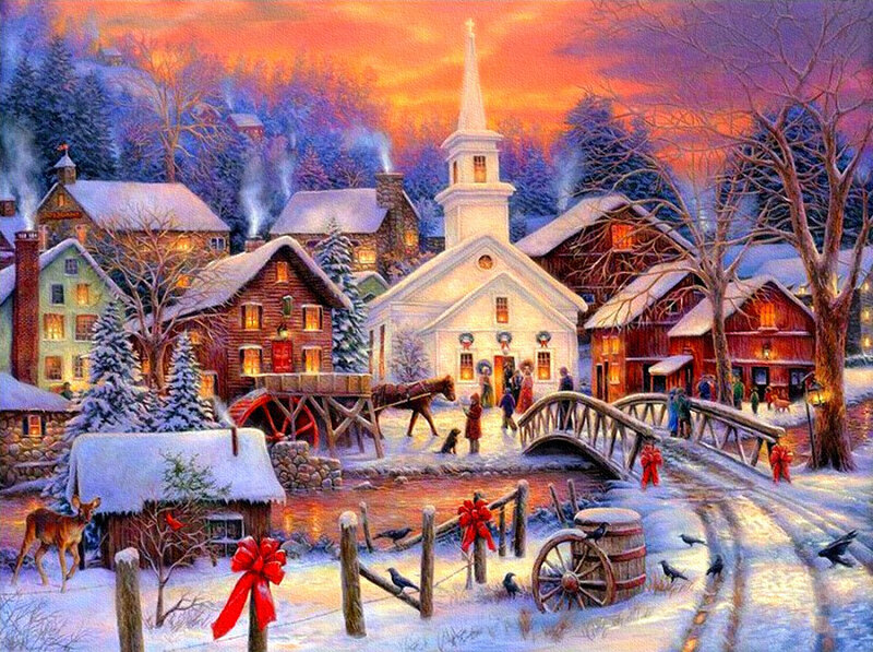 Snowy Village at Dusk — White, Peaceful, Winter