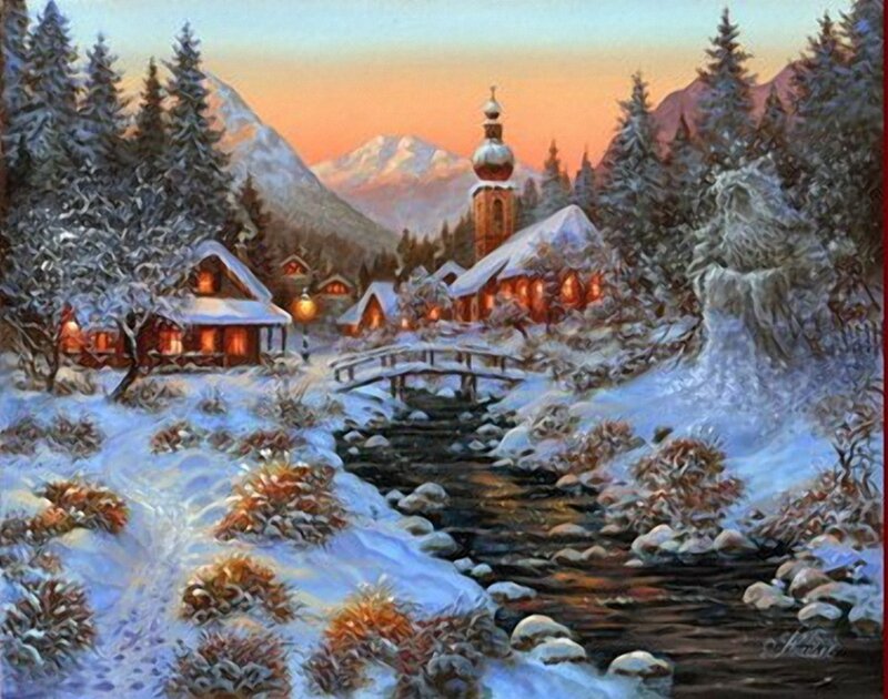 Snowy Village at Dusk — White, Serene