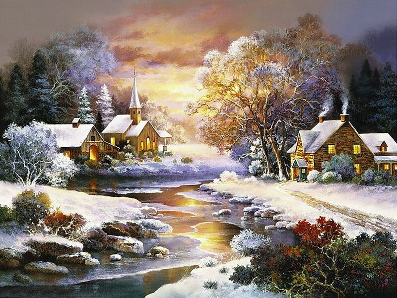 Snowy Village at Dusk — White, Serene, Winter