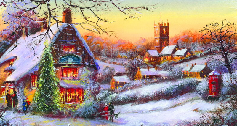 Snowy Village at Dusk — Yellow