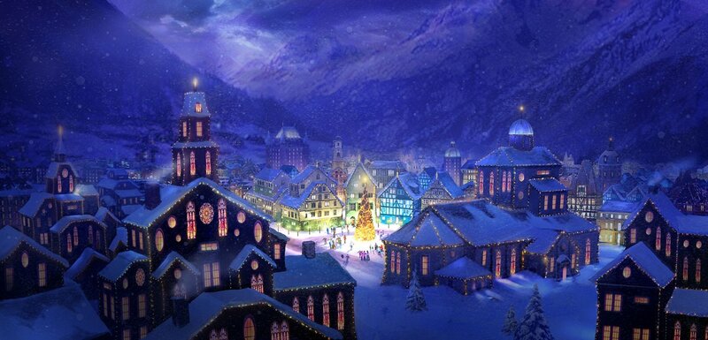 snowy village at night