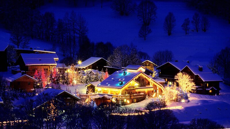 snowy village at night