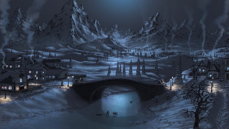 Snowy village at night