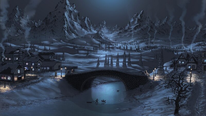 snowy village at night