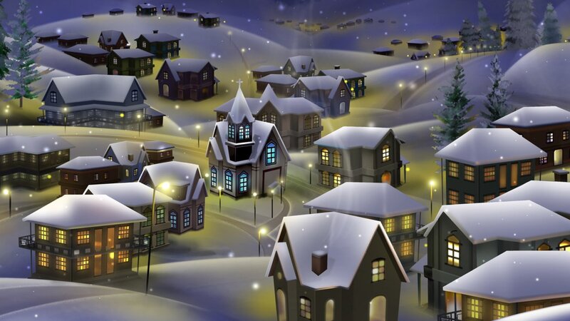 snowy village at night