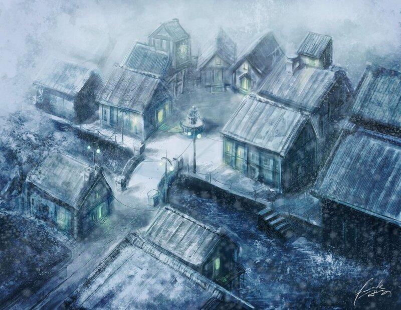 snowy village at night