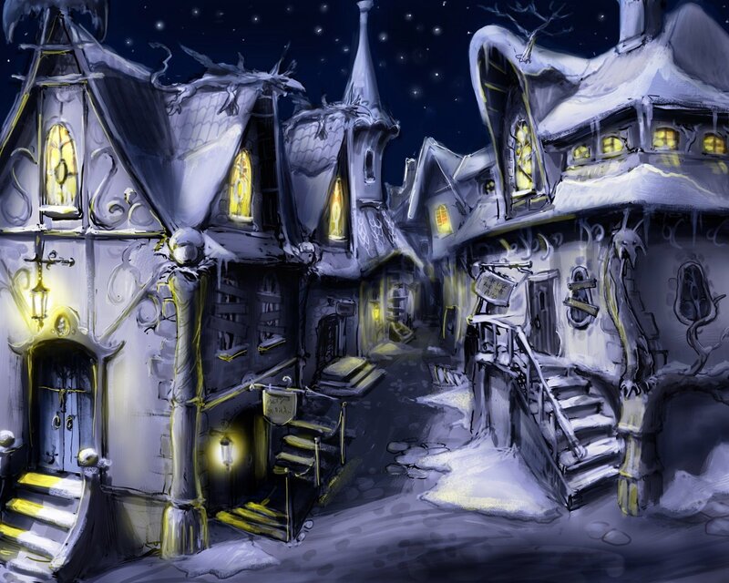 snowy village at night