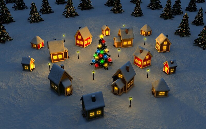 snowy village at night