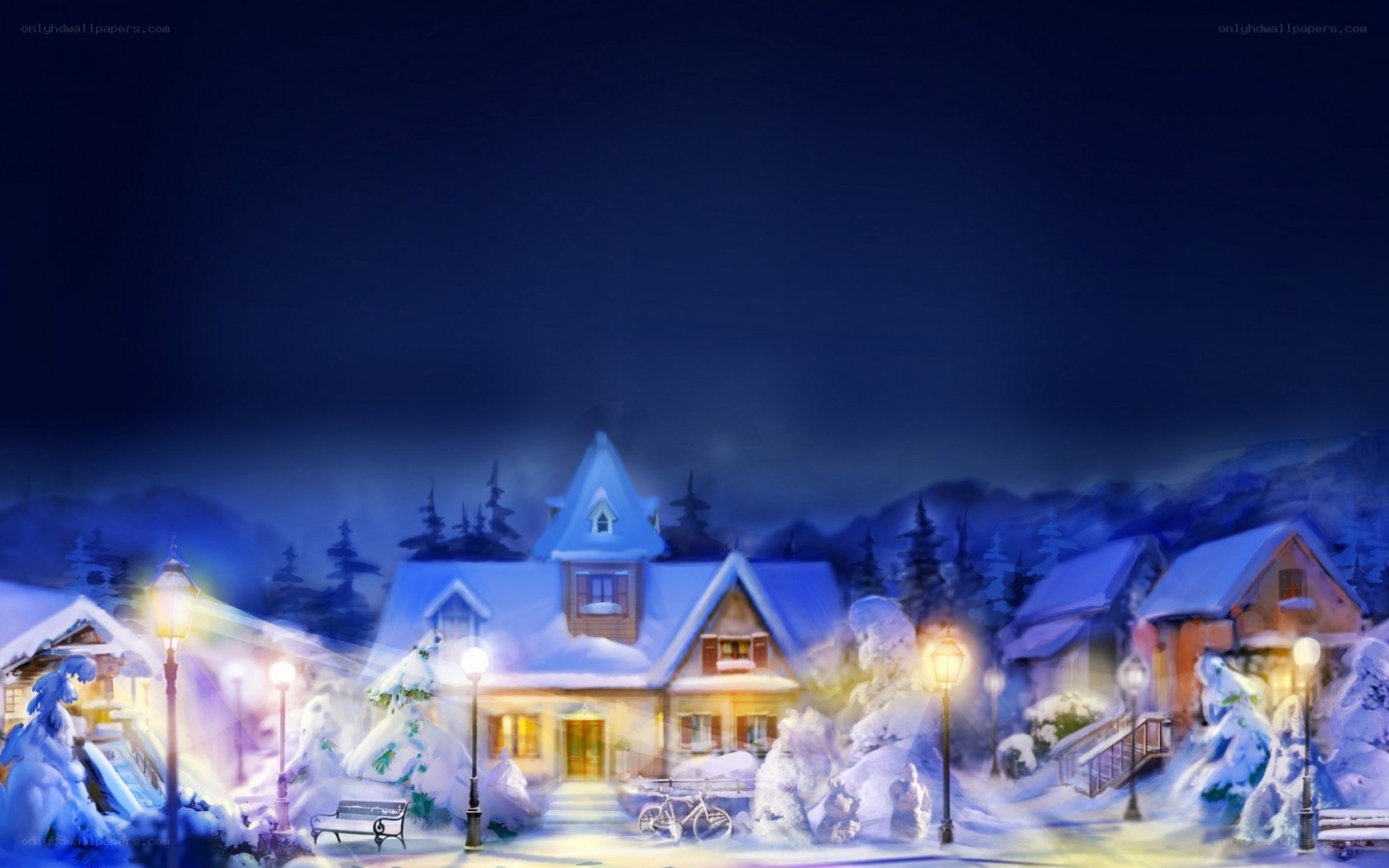 snowy village at night