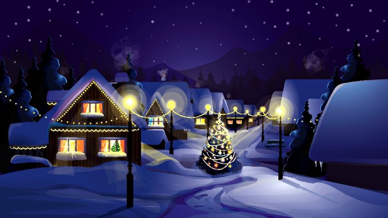 snowy village at night