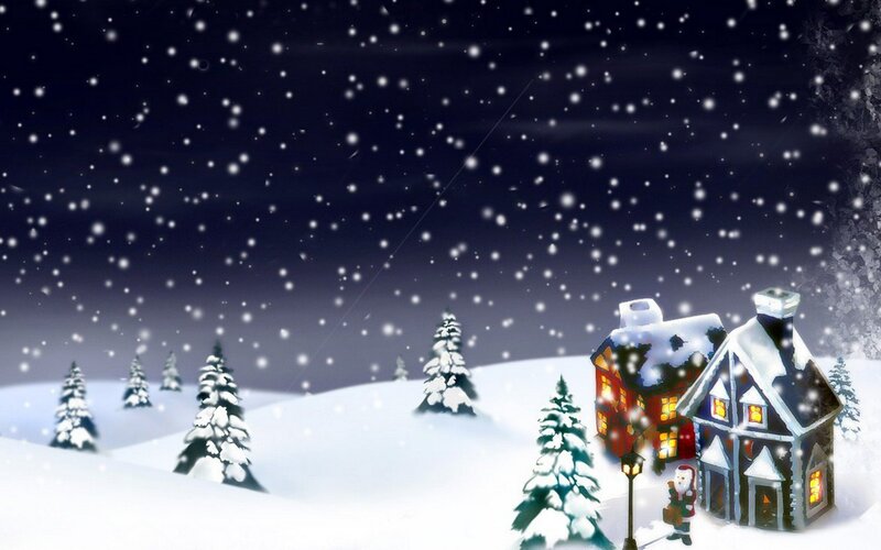 snowy village at night