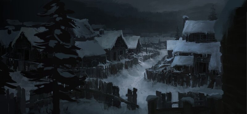 snowy village at night