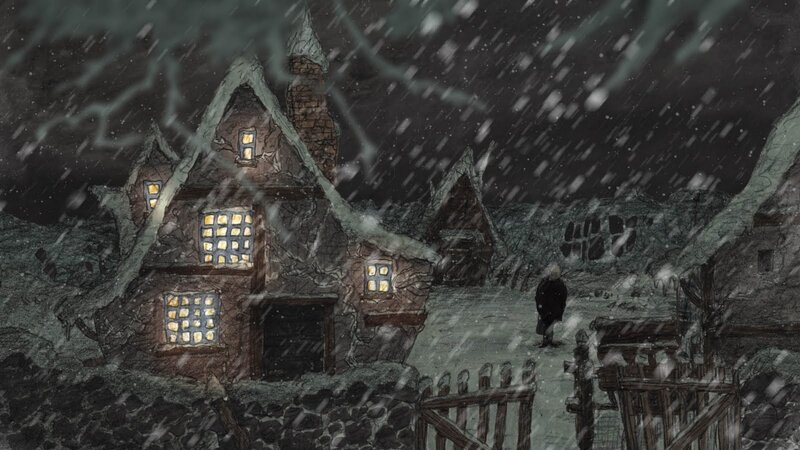 snowy village at night