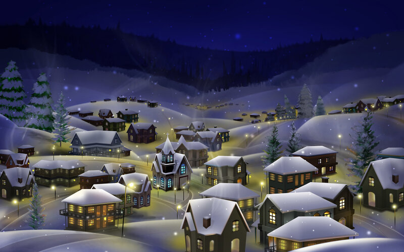 snowy village at night