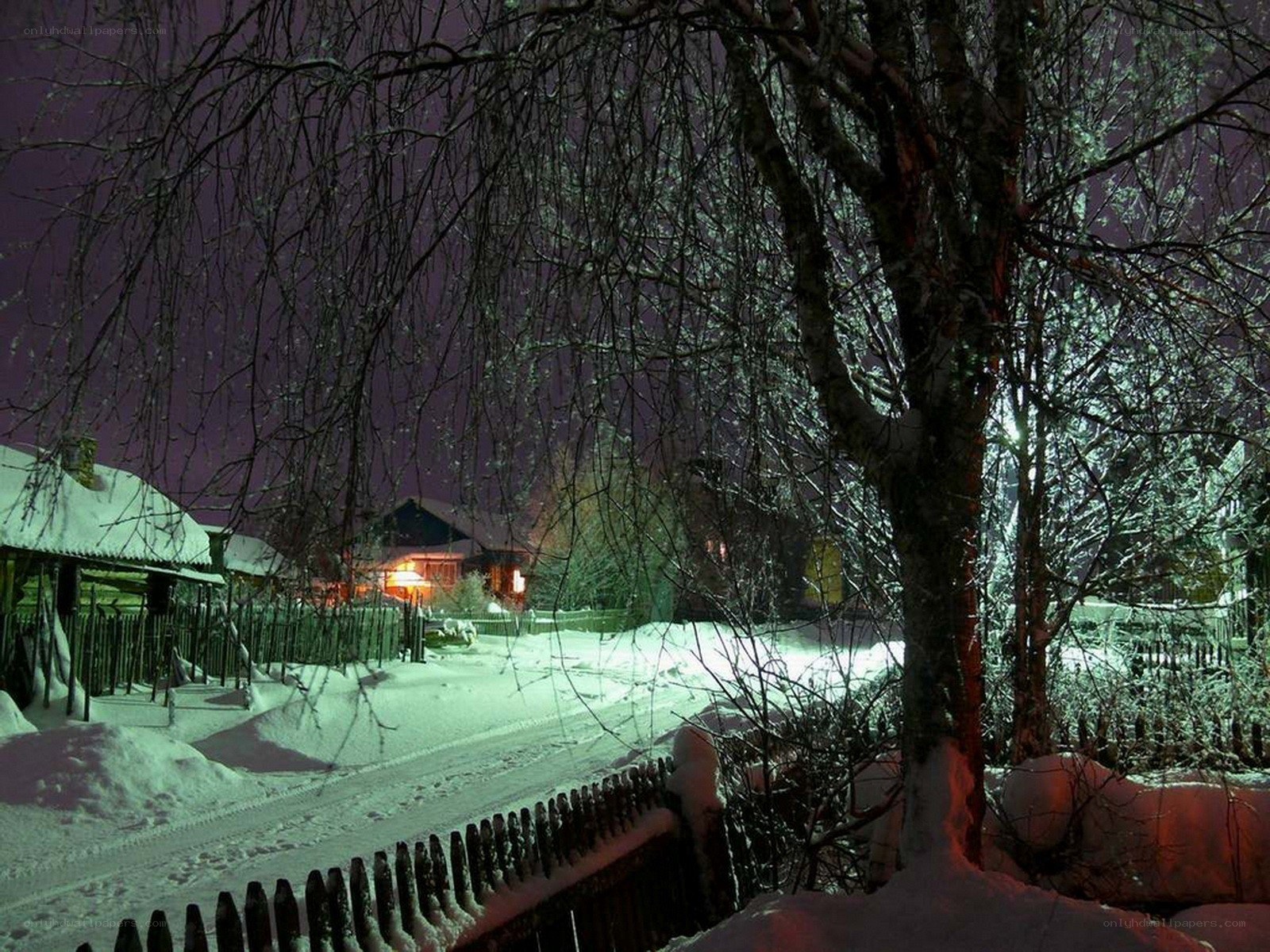 Snowy village at night