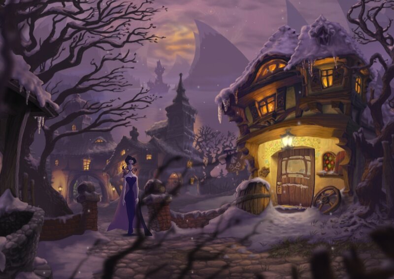 Snowy village at night