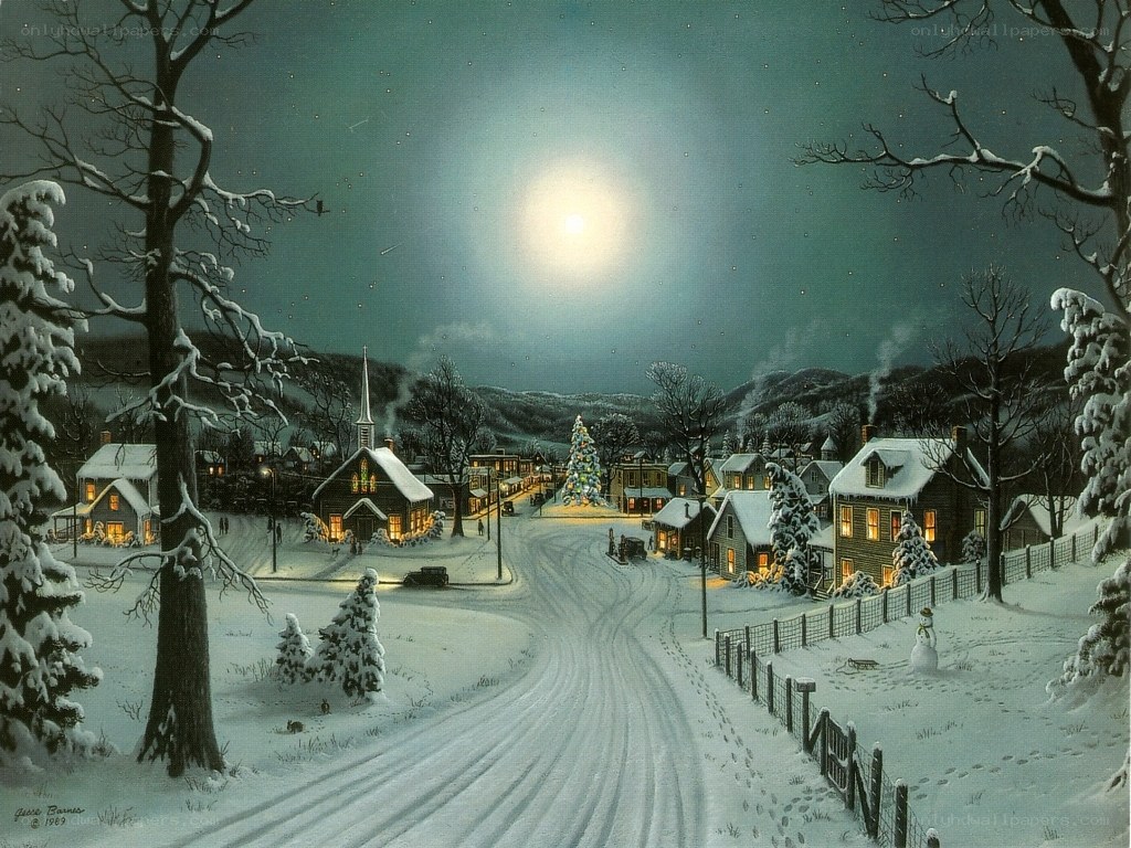 Snowy village at night
