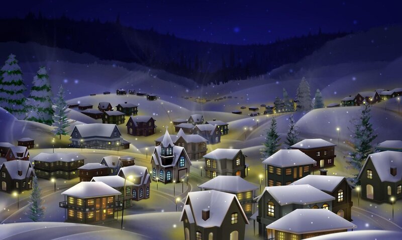 Snowy village at night