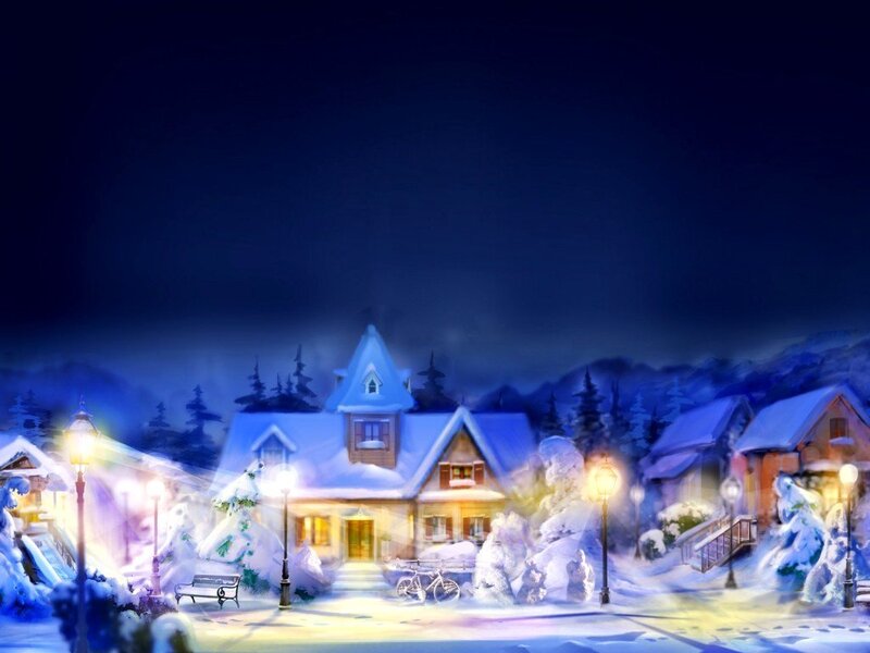 Snowy village at night
