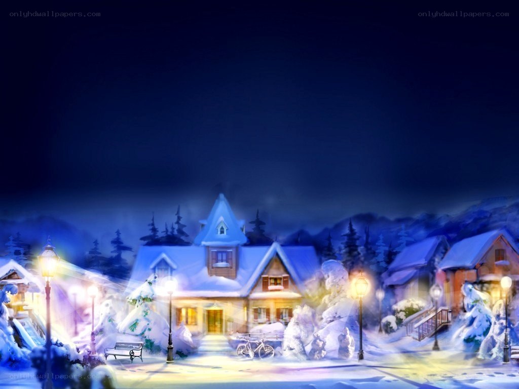 Snowy village at night