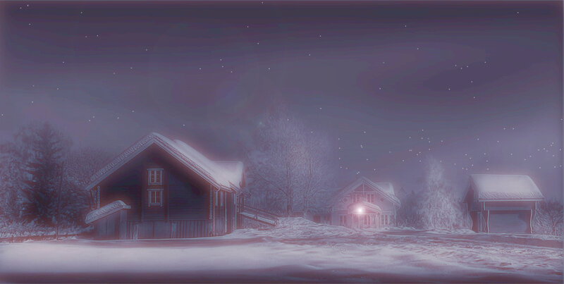 snowy village at night