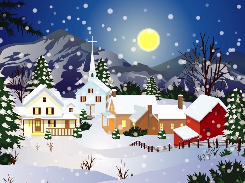 snowy village at night