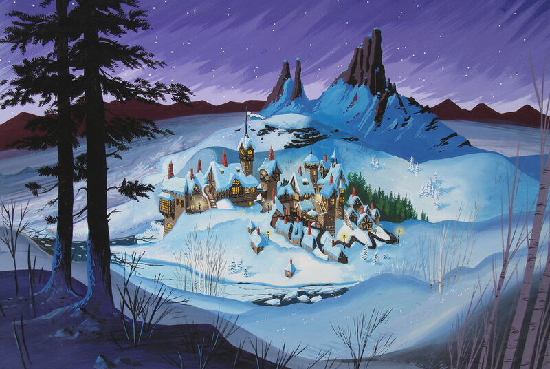 Snowy village at night