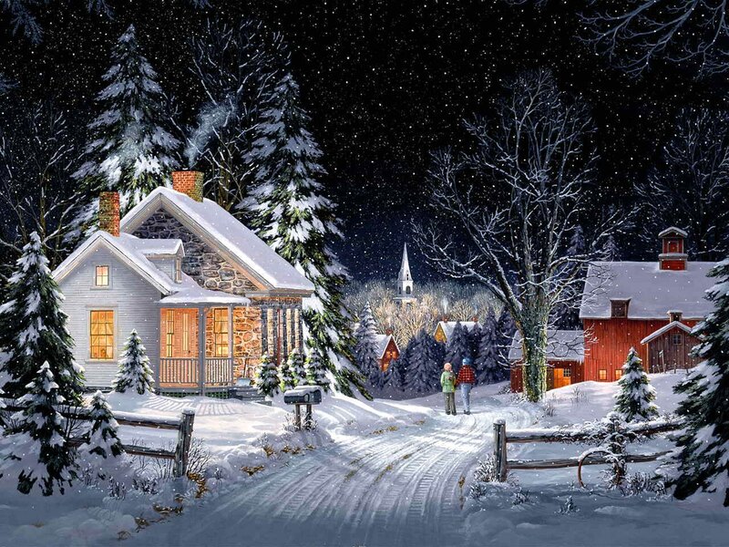 Snowy village at night
