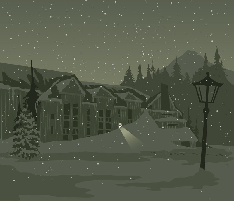Snowy village at night