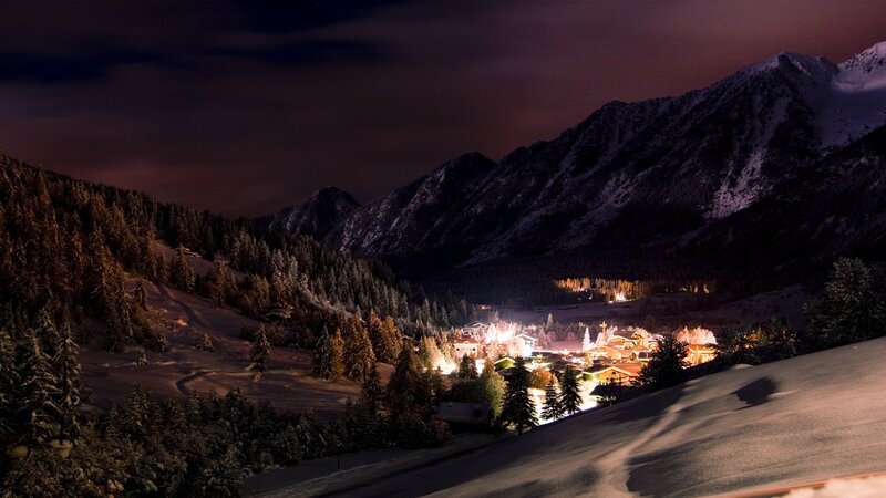Snowy Village at Night — Black, Serene