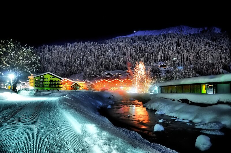 Snowy Village at Night — Black
