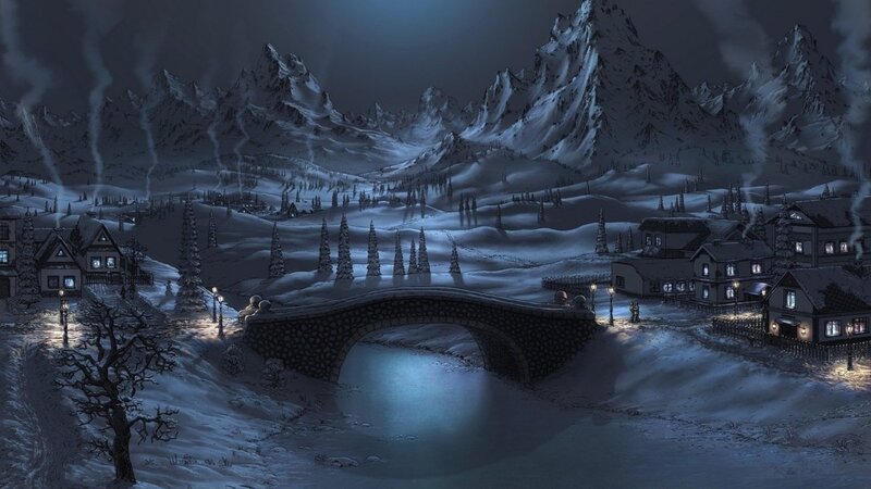 Snowy Village at Night — Blue, Cold