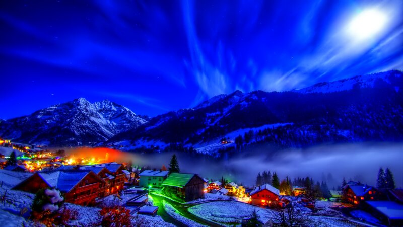 Snowy Village at Night — Blue, Dramatic