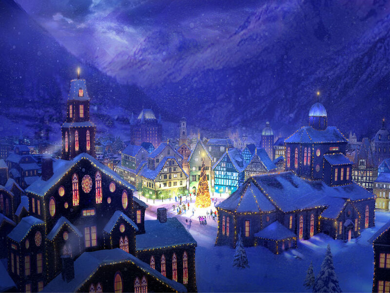 Snowy Village at Night — Blue, Festive, Digital Art, Buildings