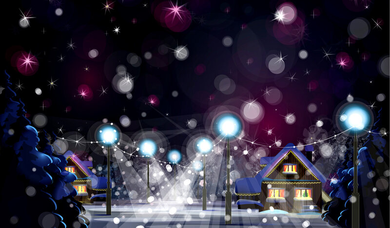 Snowy Village at Night — Blue, Festive, Digital Art, Houses