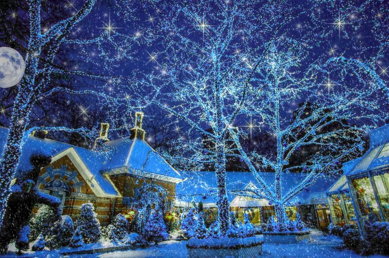 Snowy Village at Night — Blue, Festive, Photograph