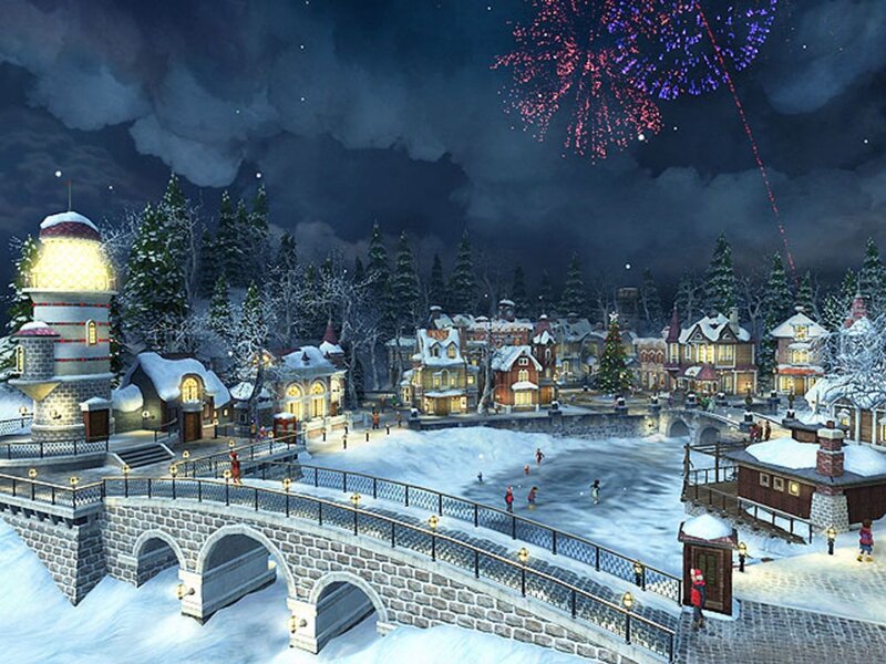 Snowy Village at Night — Blue, Festive
