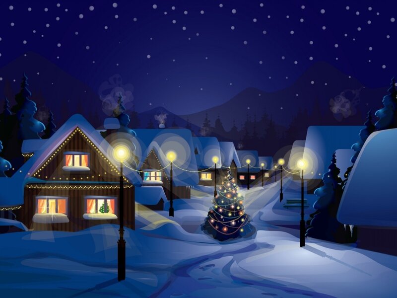 Snowy Village at Night — Blue, Peaceful, Digital Art, Christmas Tree, Houses, Streetlights, Mountains
