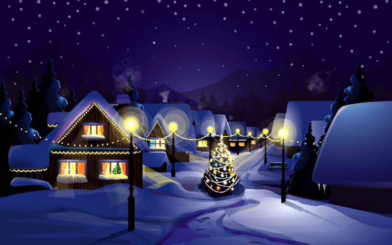 Snowy Village at Night — Blue, Peaceful, Digital Art, Christmas Tree