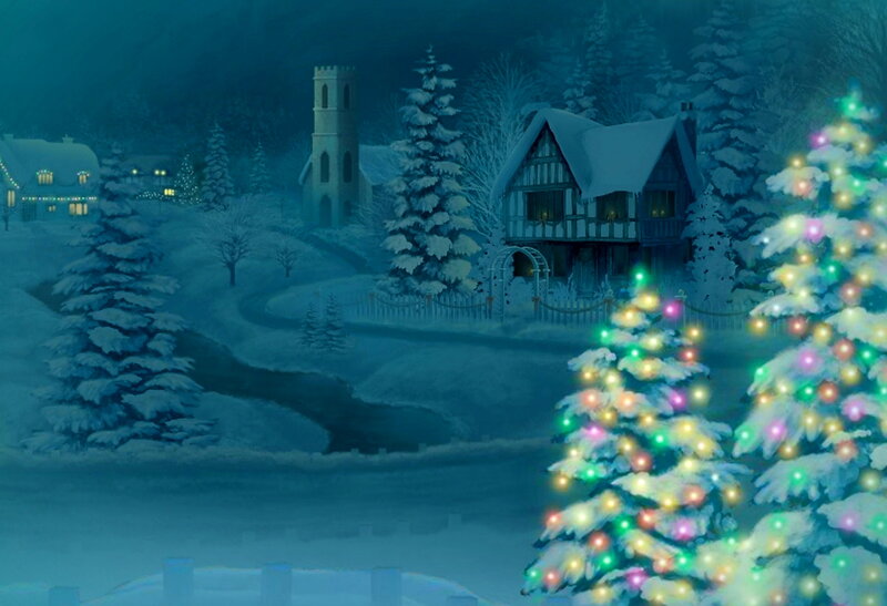 Snowy Village at Night — Blue, Peaceful, Digital Art, Christmas Trees