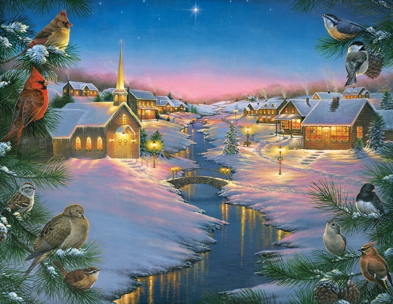 Snowy Village at Night — Blue, Peaceful, Illustration, Birds
