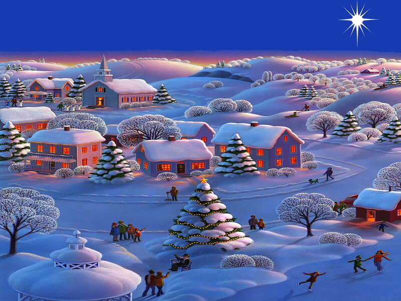 Snowy Village at Night — Blue, Peaceful, Illustration, Christmas Tree
