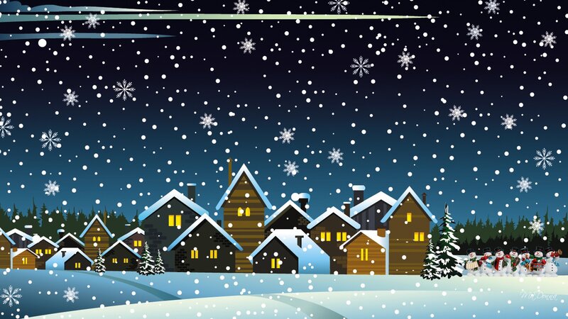 Snowy Village at Night — Blue, Peaceful, Illustration, Snowflakes