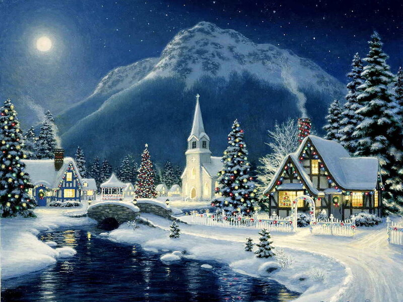 Snowy Village at Night — Blue, Peaceful, Painting, Church, River, Mountain