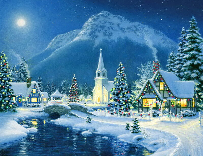 Snowy Village at Night — Blue, Peaceful, Painting, Church