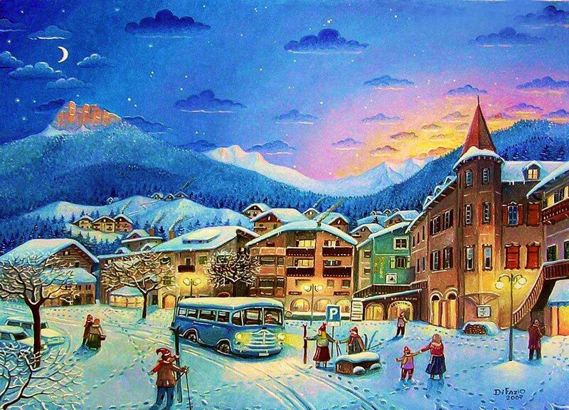 Snowy Village at Night — Blue, Peaceful, Painting, Mountains