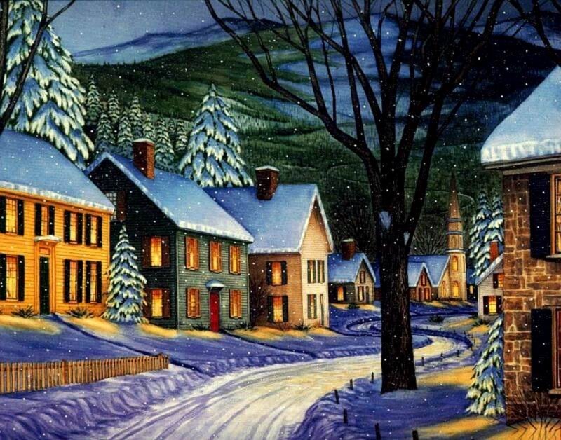 Snowy Village at Night — Blue, Peaceful, Painting