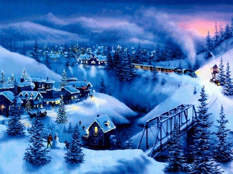Snowy Village at Night — Blue, Peaceful, Painting, Train, Bridge
